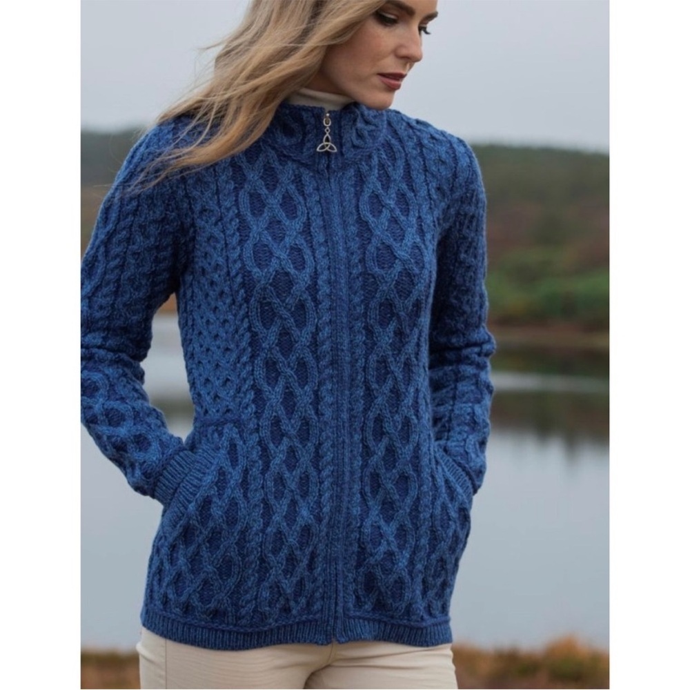 Aran Crafts‎ Ireland Blue Cable Knit Merino Wool Zip Cardigan Sweater S Cottage